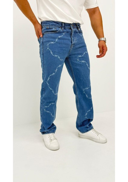 Chain Baggy Denim Orta Mavi Lazer Bakılı Erkek Jean Pantolon indirimleri