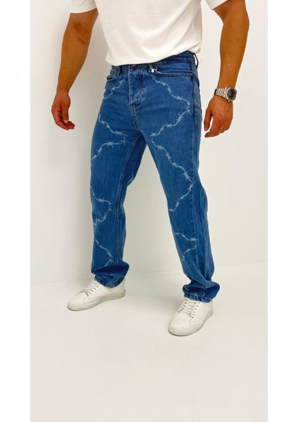 Chain Baggy Denim Orta Mavi Lazer Bakılı Erkek Jean Pantolon