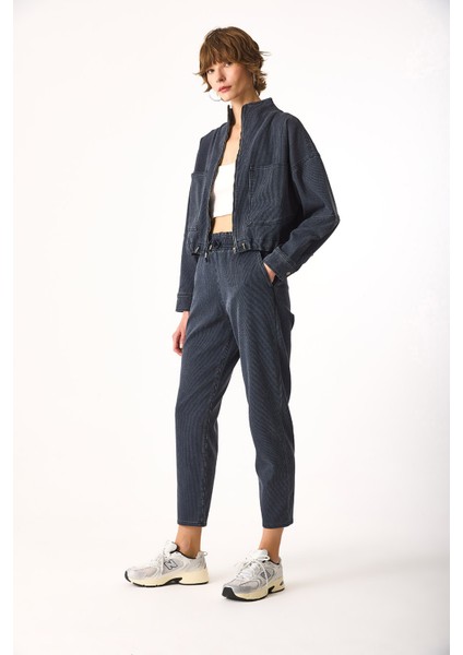 Marla Indigo Çizgili Yüksek Bel Slouchy Jogger Pantolon-Indigo Çizgili