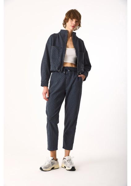 Marla Indigo Çizgili Yüksek Bel Slouchy Jogger Pantolon-Indigo Çizgili fırsatları