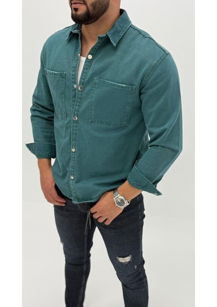 Jeremy Denim Classic Oversize Premium Kot Erkek Mavi Jean Gömlek