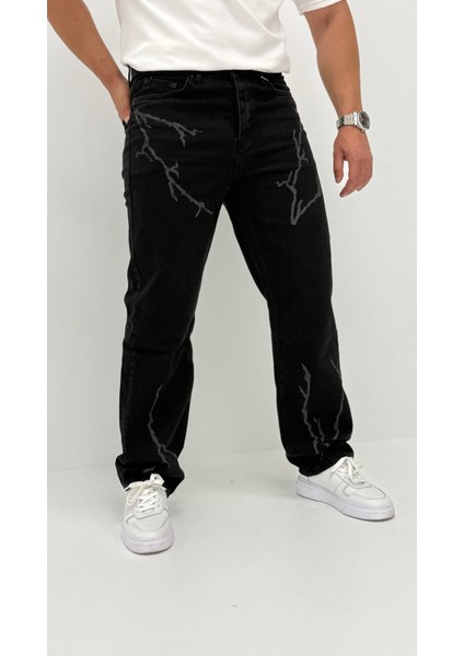Arlo Baggy Denim Siyah Lazer Baskılı Erkek Jean Pantolon