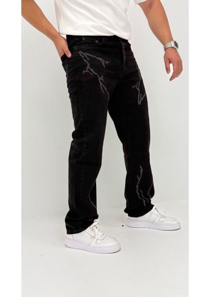 Arlo Baggy Denim Siyah Lazer Baskılı Erkek Jean Pantolon indirimleri