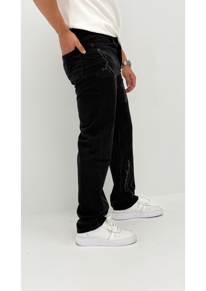 Arlo Baggy Denim Siyah Lazer Baskılı Erkek Jean Pantolon