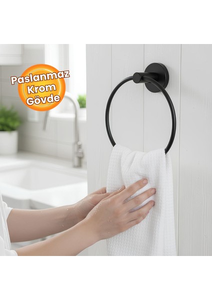 Vidalı Siyah Renkli Yuvarlak 16 cm Banyo Mutfak Lavabo Pratik Havluluk Askılığı