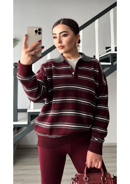 Bordo-Gri Polo Yaka Çizgili Triko Kazak