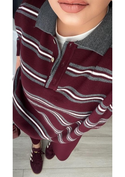 Bordo-Gri Polo Yaka Çizgili Triko Kazak modelleri