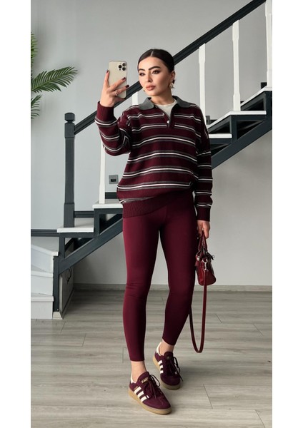 Bordo-Gri Polo Yaka Çizgili Triko Kazak indirimleri
