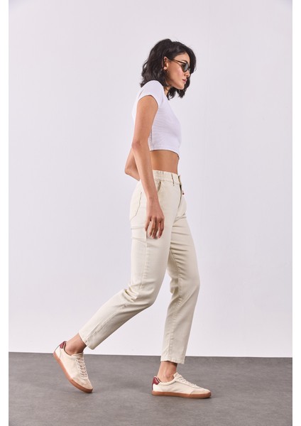 Norah Beli Lastikli Renkli Jean Pantolon-Kemik fırsatları