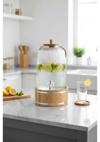 Melo - Bambu Kapak ve Ahşap Standlı Cam Sebil 6l