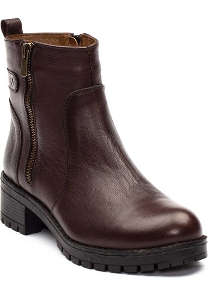 Kadın Kahverengi Çift Fermuarlı Kalın Tabanlı Deri Bot fiyatları