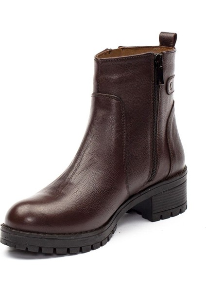 Kadın Kahverengi Çift Fermuarlı Kalın Tabanlı Deri Bot modelleri
