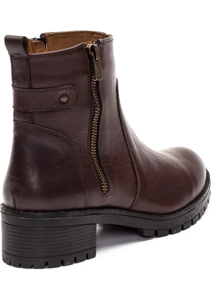 Kadın Kahverengi Çift Fermuarlı Kalın Tabanlı Deri Bot fırsatları