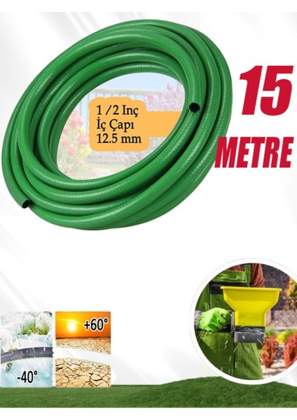 Sulama Yıkama Hortum 12.5 mm 1/2" Termo Bahçe Hortumu 15 Metre Dayanıklı 3 Katlı Sağlam Çeşme Suyu.