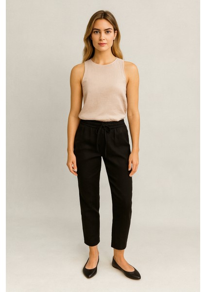 Alian Beli Lastikli Keten Beach Pantolon-Siyah