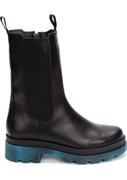 Kadın Siyah Fermuarlı Turkuaz Kalın Tabanlı Deri Bot fiyatları