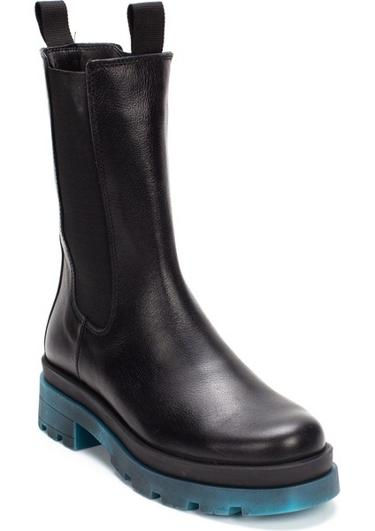 Kadın Siyah Fermuarlı Turkuaz Kalın Tabanlı Deri Bot modelleri