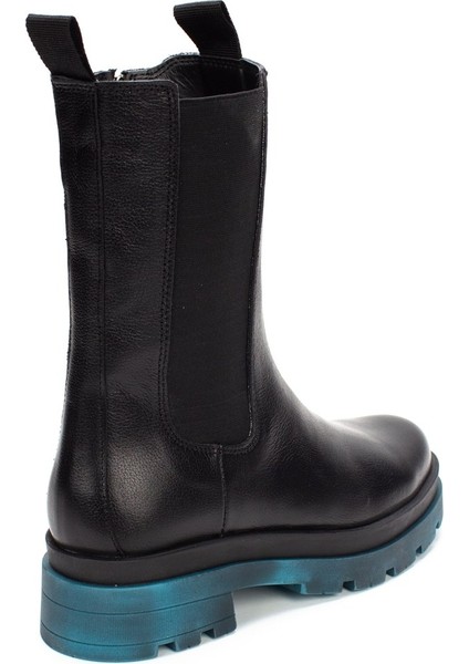 Kadın Siyah Fermuarlı Turkuaz Kalın Tabanlı Deri Bot indirimleri