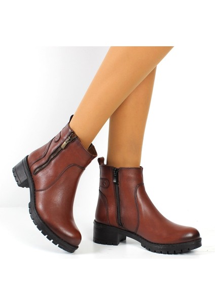 Kadın Taba Çift Fermuarlı Kalın Tabanlı Deri Bot