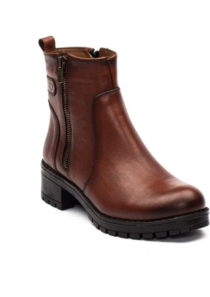 Kadın Taba Çift Fermuarlı Kalın Tabanlı Deri Bot modelleri