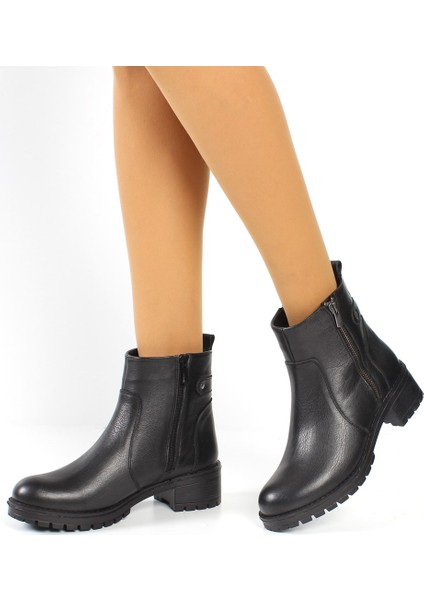 Kadın Siyah Çift Fermuarlı Kalın Tabanlı Deri Bot
