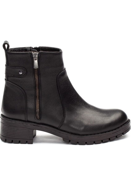 Kadın Siyah Çift Fermuarlı Kalın Tabanlı Deri Bot fiyatları