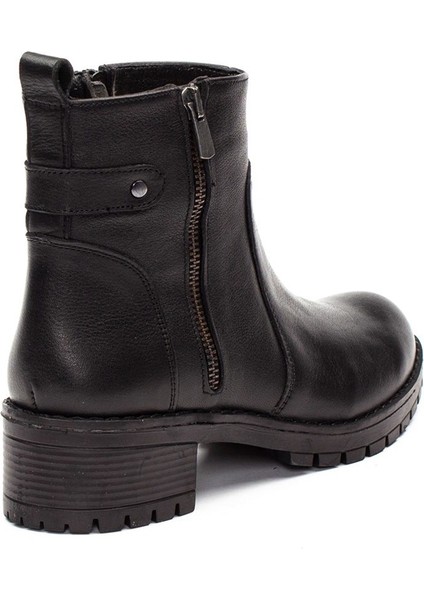 Kadın Siyah Çift Fermuarlı Kalın Tabanlı Deri Bot indirimleri