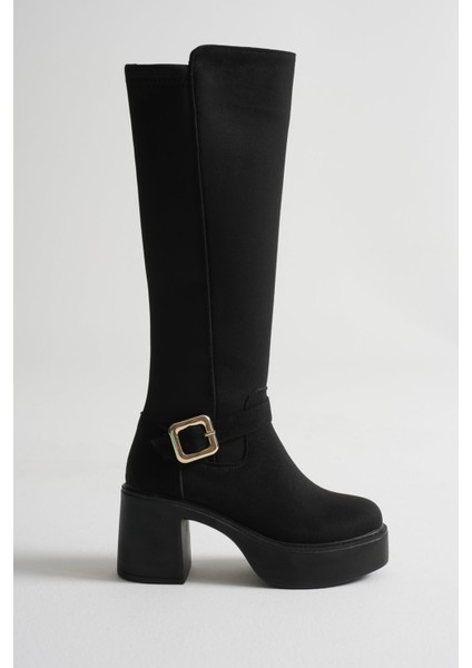 Woly Kadın Günlük Siyah Süet Tokalı Çizme