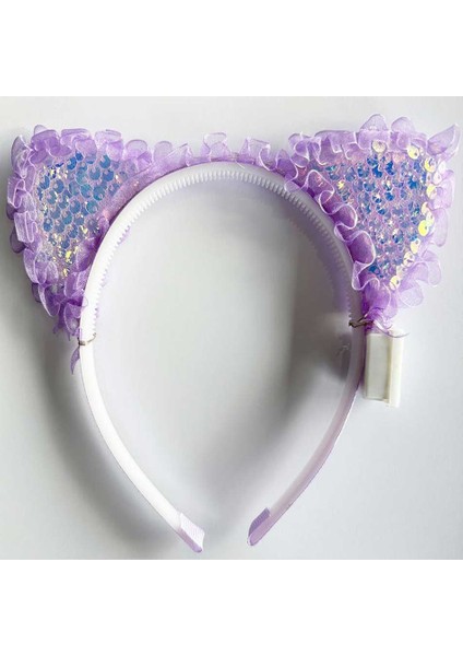 Kenarları Dantelli Mor Pullu Payetli Led Işıklı Kedi Kulak Taç 17x19 cm fiyatları