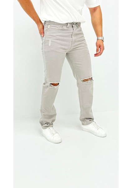 Adriel Baggy Denim Açık Gri Diz Yırtıklı Erkek Jean Pantolon