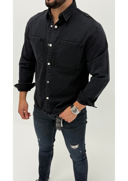Aidan Denim Mavi Black Vintage Classic Kot Erkek Jean Gömlek