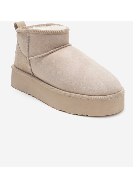 Veyra Bej Süet Hakiki Deri Kürklü Platform Tabanlı Kadın Mini Bot modelleri