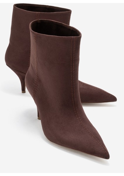 Nuvıa Kahverengi Süet Sivri Burunlu Kadın Topuklu Bot