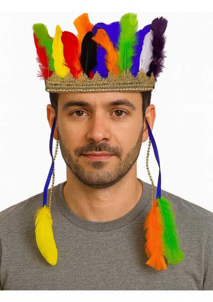 Resveq Rengarenk Tüylerle Işlenmiş Lastikli Kızılderili Başlığı