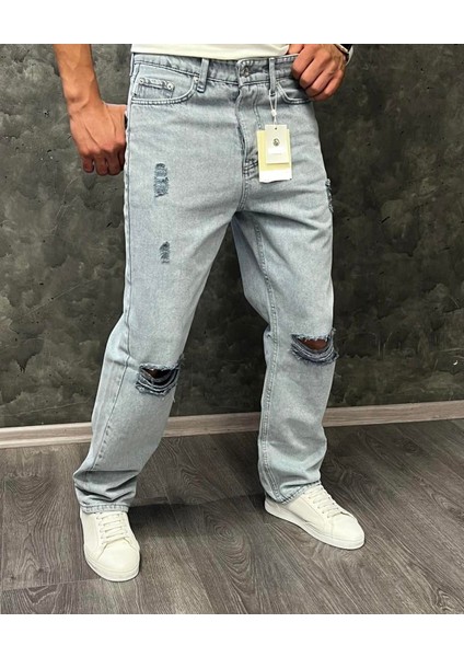 Allen Baggy Denim Açık Mavi Diz Yırtıklı Erkek Jean Pantolon