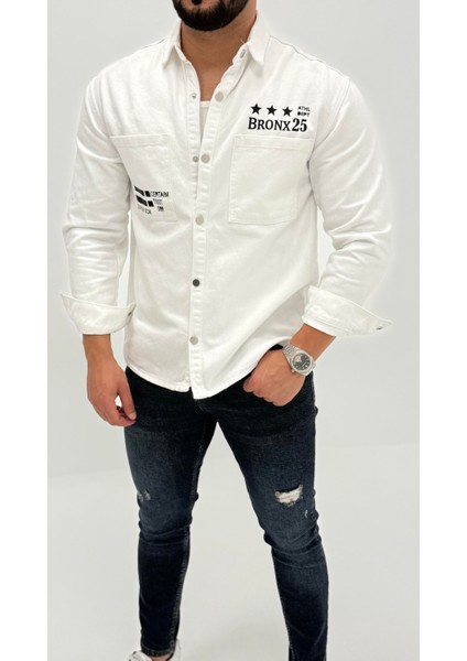 Michael Kot Baskılı Denim Cepli Comfort Jean Erkek Gömlek