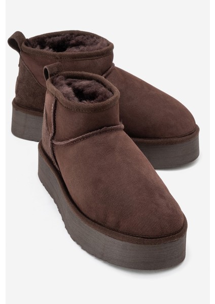 Veyra Kahverengi Süet Hakiki Deri Kürklü Platform Tabanlı Kadın Mini Bot