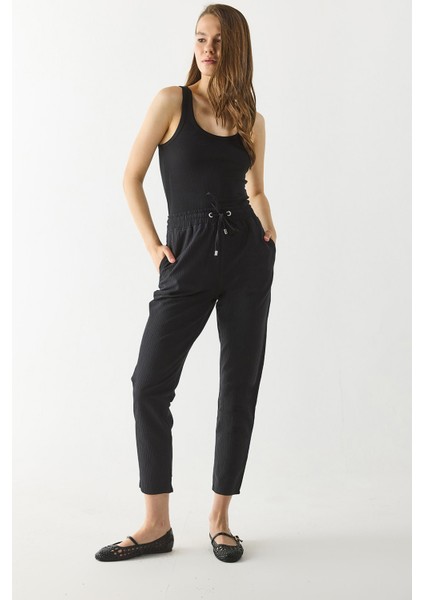 Alian Beli Lastikli Armürlü Beach Pantolon-Siyah