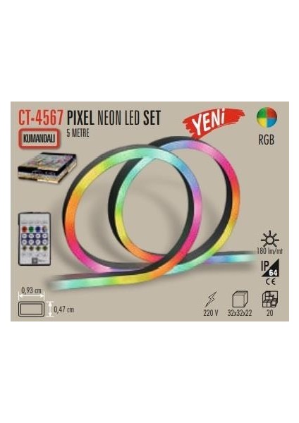 CT-4567 Piksel Neon LED USB Girişli 5V 5 Metre Kumandalı – Tak Çalıştır Set