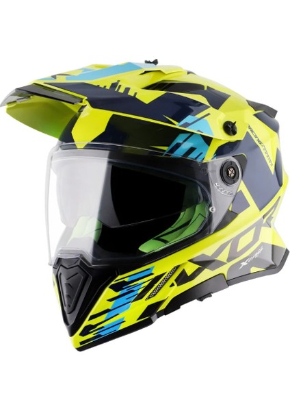 X-Cross X1 Dual Visor Kask Neon Sarı-Mavi