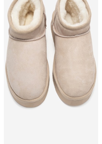 Veyra Bej Süet Hakiki Deri Kürklü Platform Tabanlı Kadın Mini Bot fiyatları