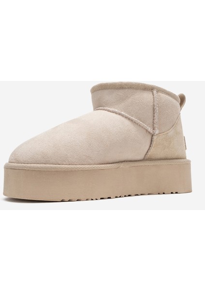 Veyra Bej Süet Hakiki Deri Kürklü Platform Tabanlı Kadın Mini Bot fırsatları