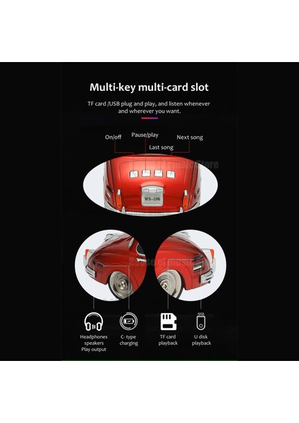 Taşınabilir Bluetooth Ws-596 Kablosuz Hoparlör Araba Şekli Klasik Roadster Tws/Tf Kart/Usb-C Oynatma Krem 10w Radyo Spiker