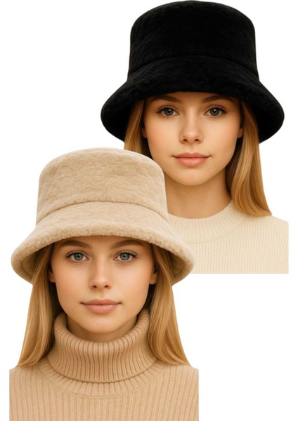 Kadın Ayarlanabilir Peluş Bucket Kova Şapka 2'li Set