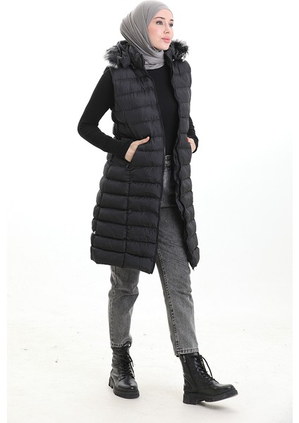 Kapüşonlu Fermuarlı Şişme Yelek 0169B-01 Siyah