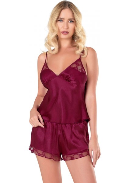 Bordo Saten Babydoll Şort Takımı