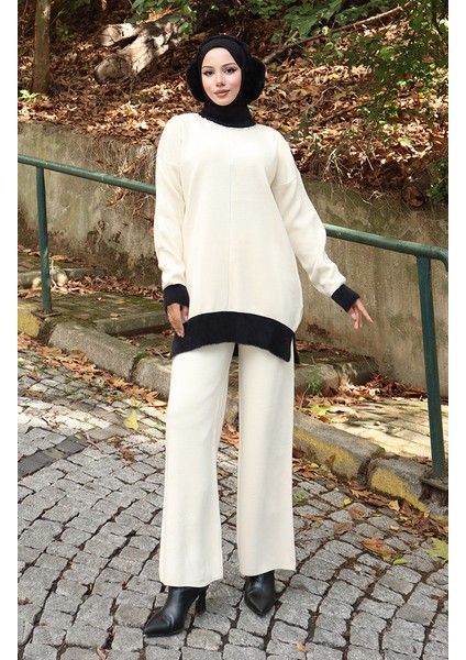 Triko Inci Detaylı Tunik Pantolon Ikili Takım 1011-03 Bej