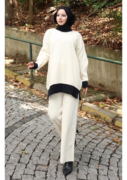 Triko Inci Detaylı Tunik Pantolon Ikili Takım 1011-03 Bej modelleri