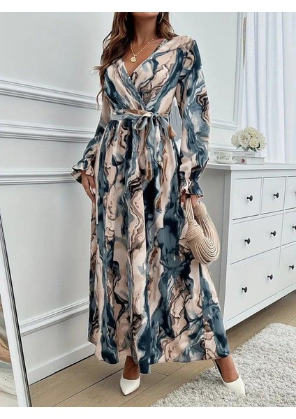 Kadın Uzun Kollu Kruvaze Yakalı Beli Kuşaklı Desenli Süprem Maxi Elbise fırsatları