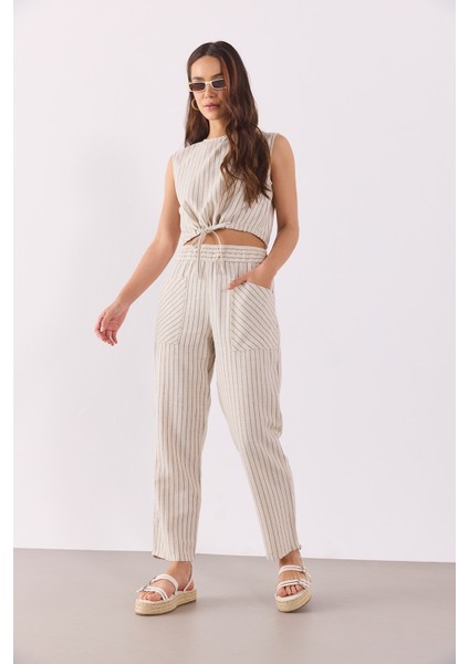 Kadın Beli Lastikli Çizgili Baggy Pantolon(Tencel)(Tm)-Lacivert Çizgili